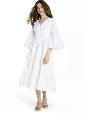 Lisa Marie Fernandez White V-Neck Tiered Midi Dress without belt